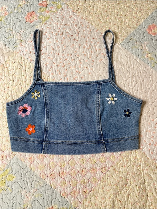 Banjara Tops - Denim Floral Embroidered Crop Tank Top